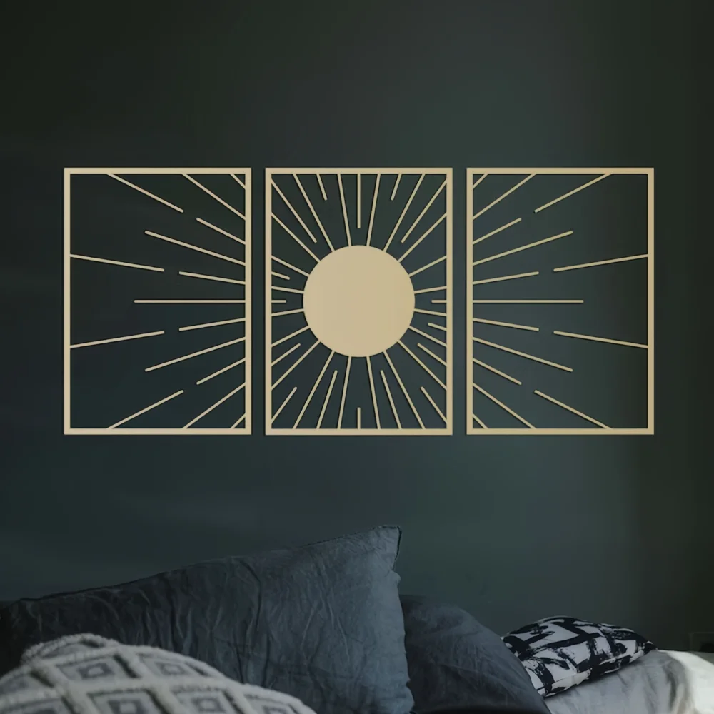 Gold Metal Wall Art Set 3-Piece, Abstract Elegant Sun Decor for Living Room Bedroom Sofa