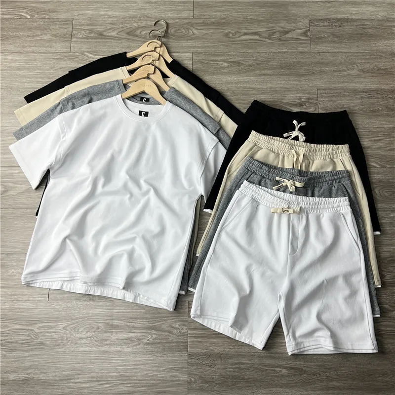 

3D Double Weave Air Layer Loose ort Sve T-irt Knitted orts Spor Casual Set for Men Summer Youth Five-Quarter Pants