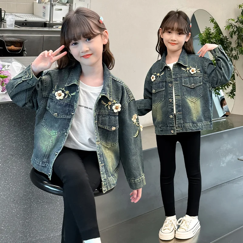 

Vintage Dark Blue Teens Girl Denim Jacket with Flower Applique for Children's Casual Streetwear Tops Kids Teenager Fashion Coat