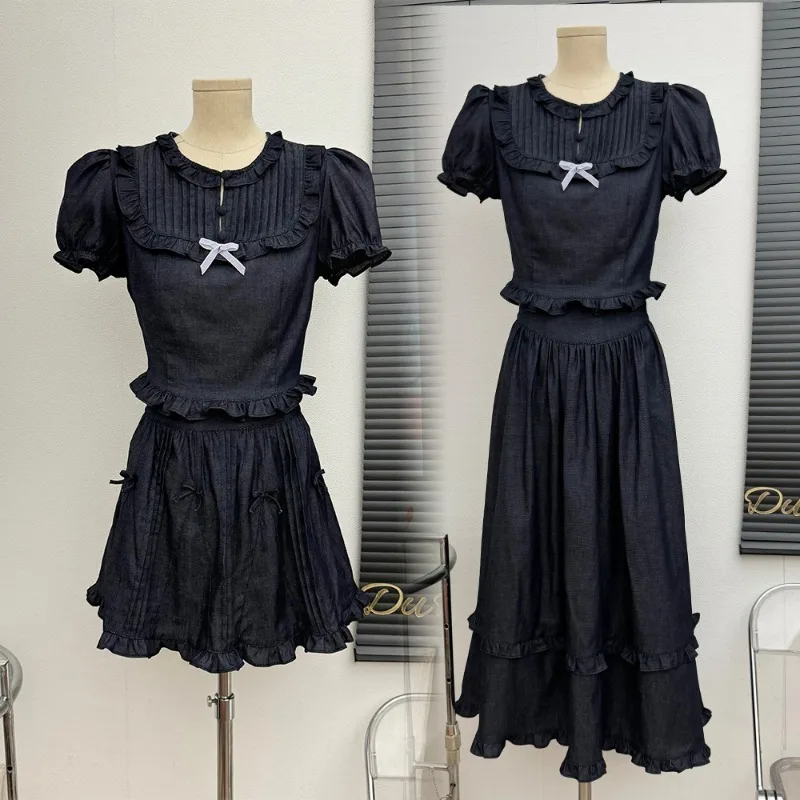 

Academy Sweet Bubble Sleeves Denim Top Pleated Skirt Two Piece Set Women Bow Splice Ruffle Edge Solid Fashion Summer Lady Suit