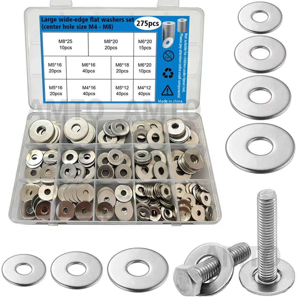 275 Large Wide-Body Stainless Steel Flat Washers, Center Hole Sizes (M4,M5,M6,M8), Outer Diameter 12mm, 16mm, 18mm, 20mm, 25mm