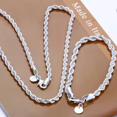 High Quality Silver Color 2MM Women Girls Men Chain Male Twisted Rope Necklace Bracelets Fashion Silver Jewelry Set