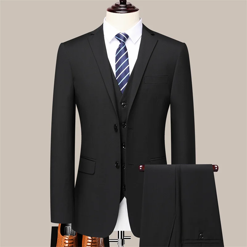 High Quality Solid Color Suit (suit +vest +trousers) 2024 New Men\'s Fashion Casual Handsome All Fashion Business Three-piece Set