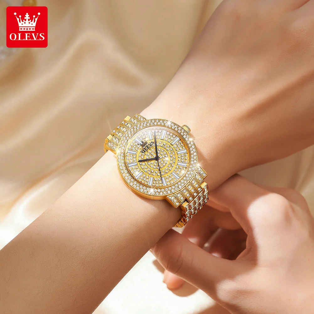 OLEVS 9904 Full Diamond Quartz Watch For Women Top Brand Luxury Wristwatch Original Waterproof Stainless Steel Woman Watches