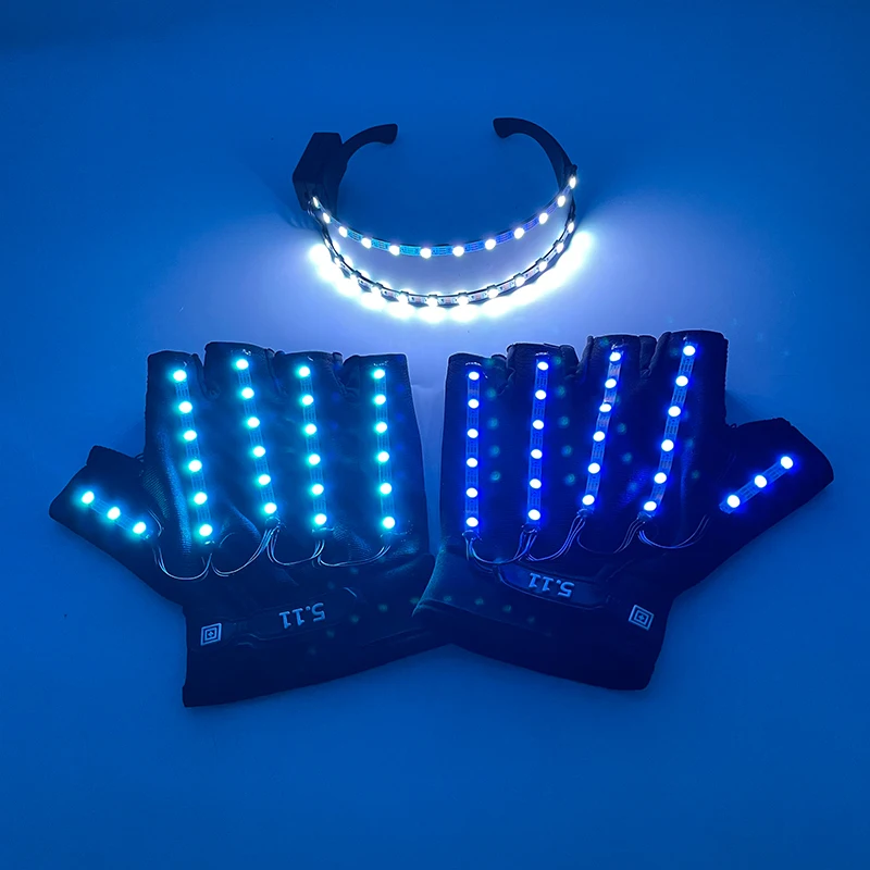LED Colorful Gloves And Glasses DJ Dancing Performance Glowing Light Up Accessories Flashing Skull Gloves Cool Robot Glasses