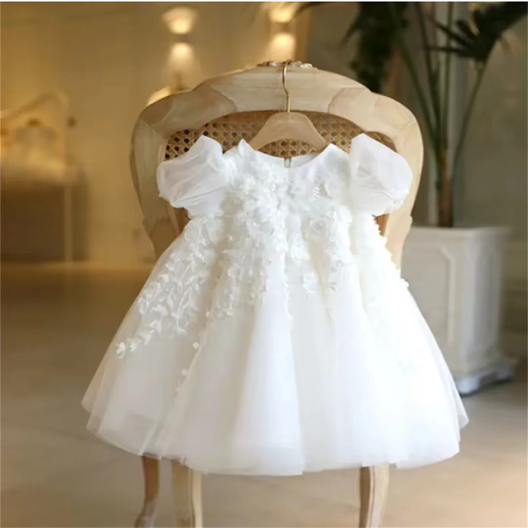 White Tulle Flower Girl Dresses For Wedding Applique Puffy With Bow Cute Kids Baby Pageant Birthday Party Dress Ball Gowns