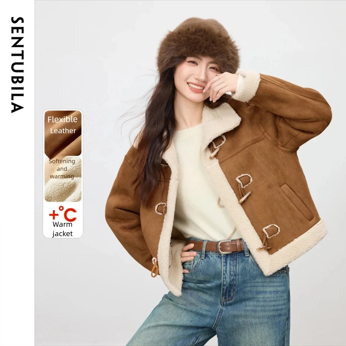 

SENTUBILA Women's Faux Suede Jacket 2025 Winter Warm Short Coat Ladies Corner Buckle Fashion Contrast Lapel Outerwear W54PA4096