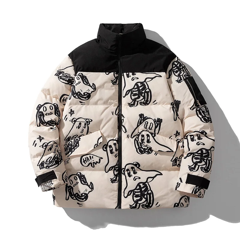 Cotton Padded Thick Parkas Jackets Streetwear Hip Hop Print Windproof Warm Zip Coats Fashion Harajuku Outwear Mens Clothing