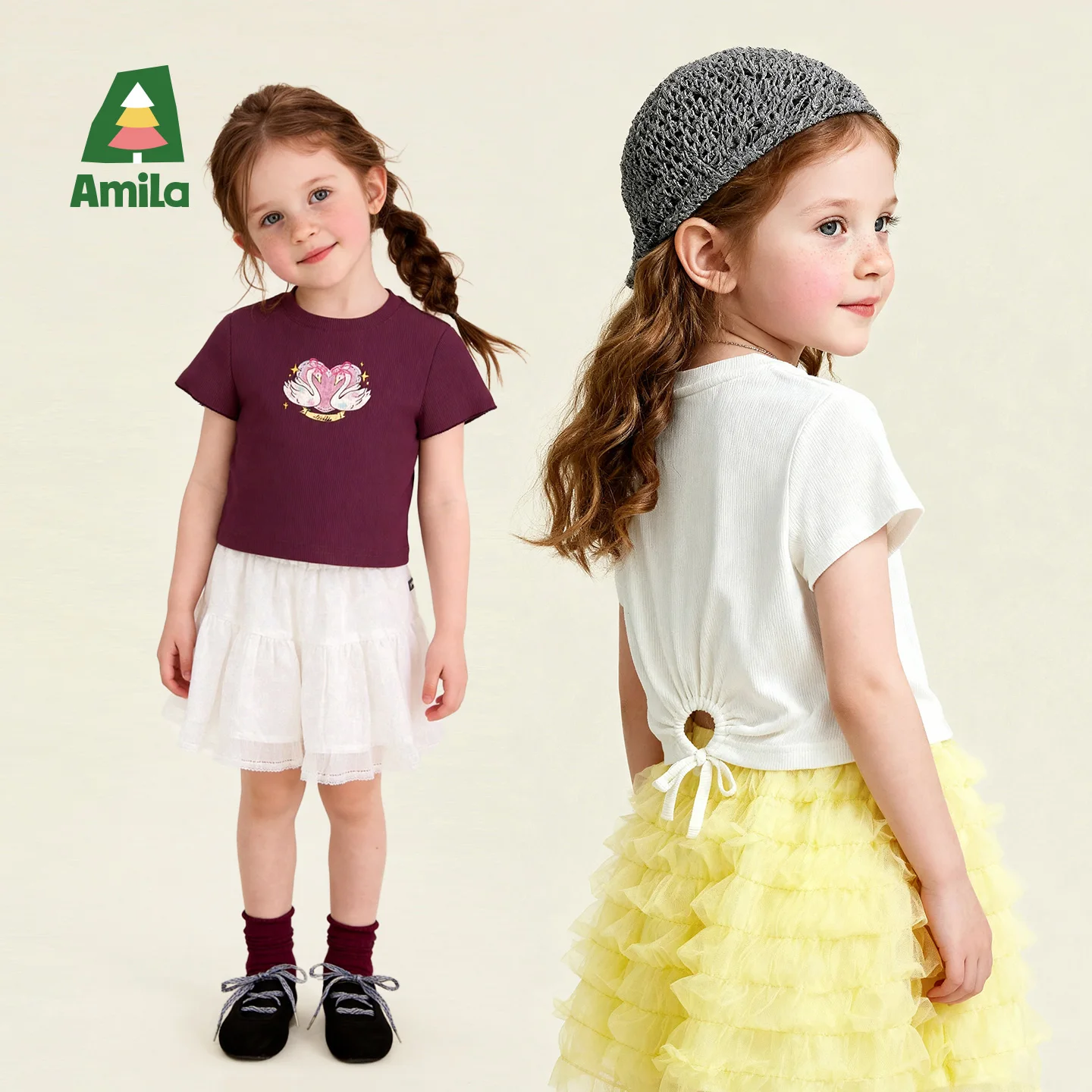T-shirt Enfant Amila Nouvelle Collection Été 2026 – Imprimé Cygne, Style Contes de Fées, Coupe Slim à Manches Courtes avec Cordon de Serrage