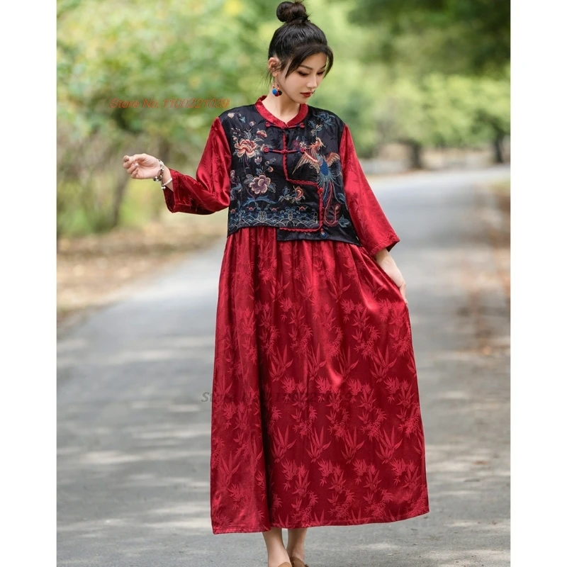 

2024 traditional chinese vintage dress national phoenix embroidery hanfu dress retro satin jacquard patchwork folk a-line dress