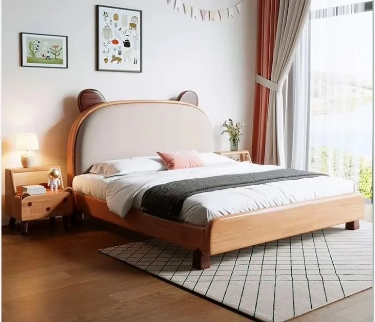 Modern Solid Wood Frame Kids Bed Furniture High Quality Single Twin Kid Beds Full New Design with Bear Shape Headboard Wholesale