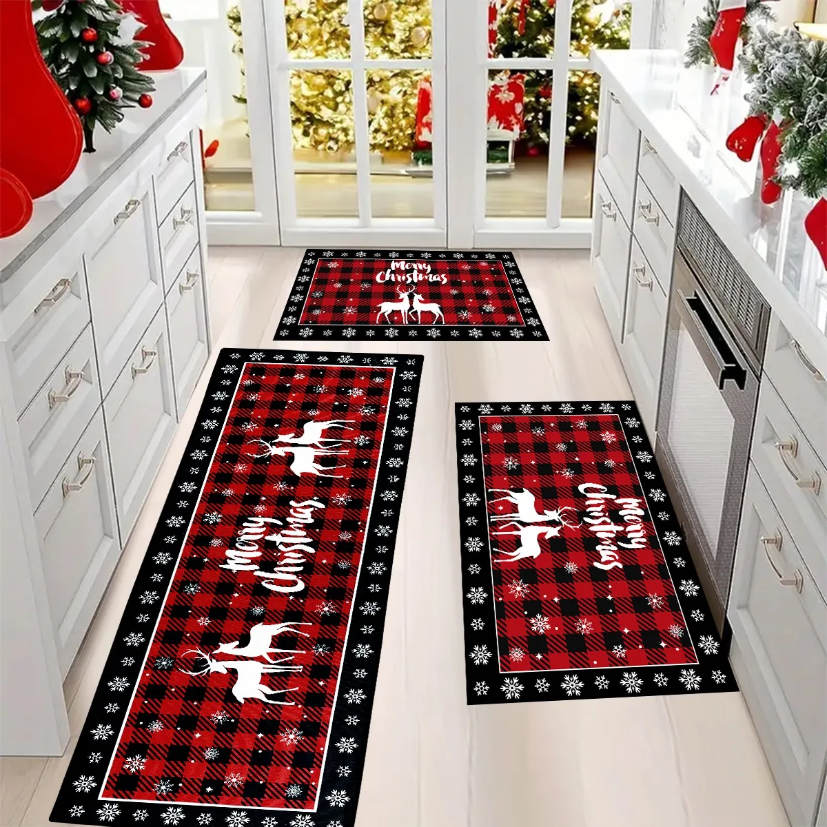 Christmas Kitchen Rugs, Plaid Pattern Kitchen Runner Rug for Kitchen Decoration Home 2024 Navidad Noel Gifts New Year 2025