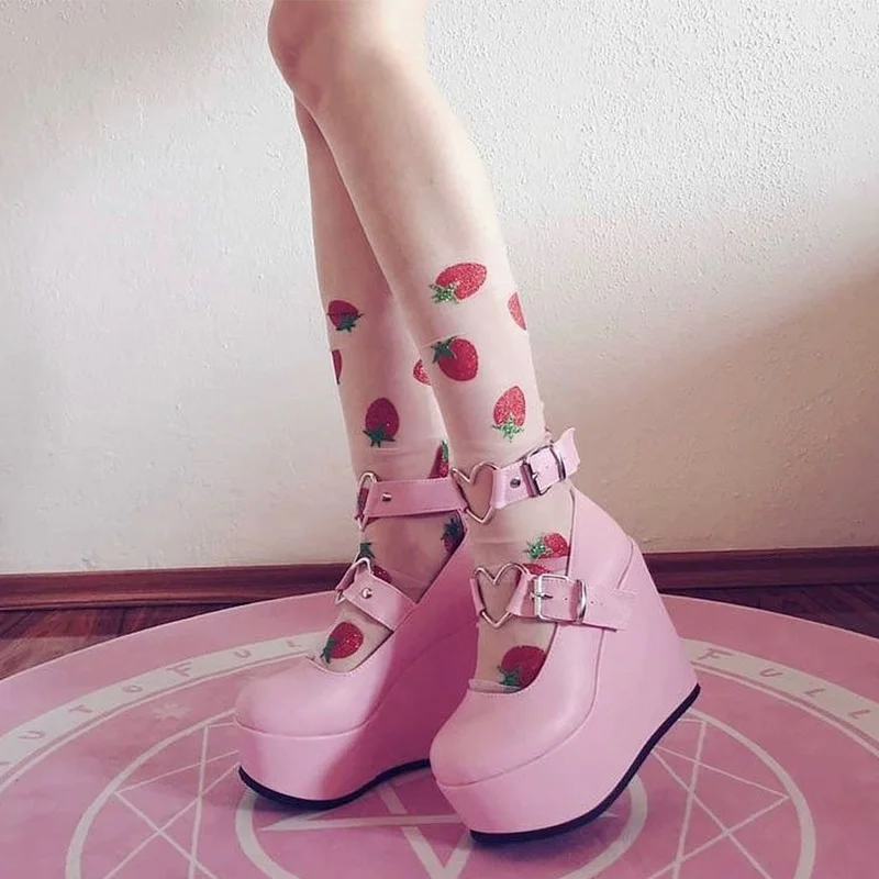 Brand Ladies Pink Sweet Cute Women\'s Pumps Wedges High Heels Pumps Fashion Platform Lolita Gothic Shoes Woman Zapatos De Mujer