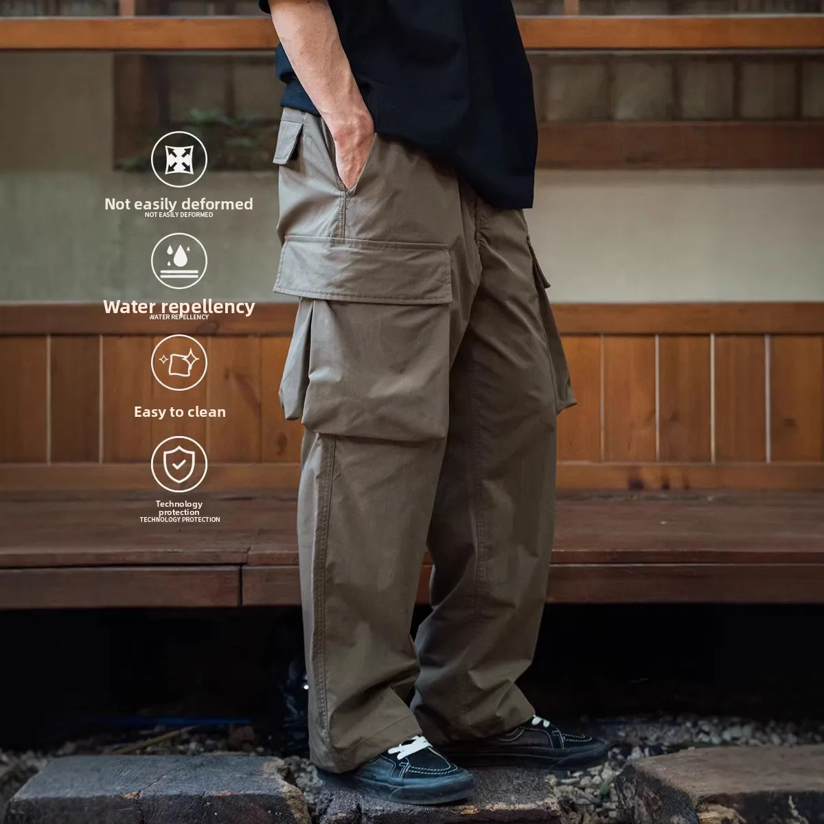 

Men's Casual Pants Multi-Pocket Mountain Loose Cuffed Trousers Three-Proof Function Long Pants Workwear Style Polyester Fiber