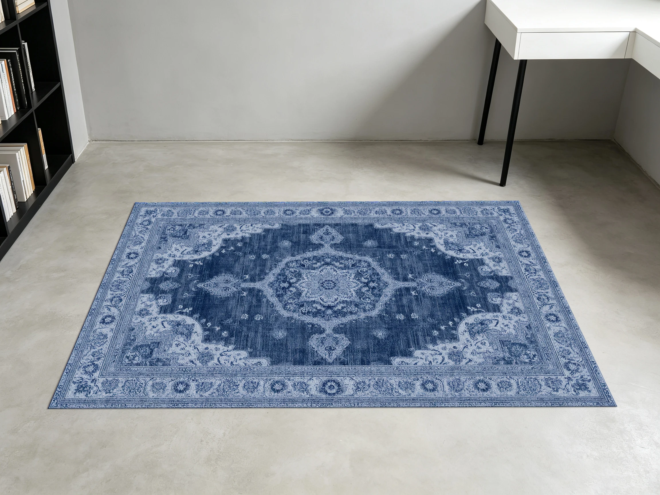 Shades‑Of‑Blue Vintage Persian Area Rug, Faded Medallion with Retro Border, for Autumn Winter Home Refresh, Decor for Study and Living Room