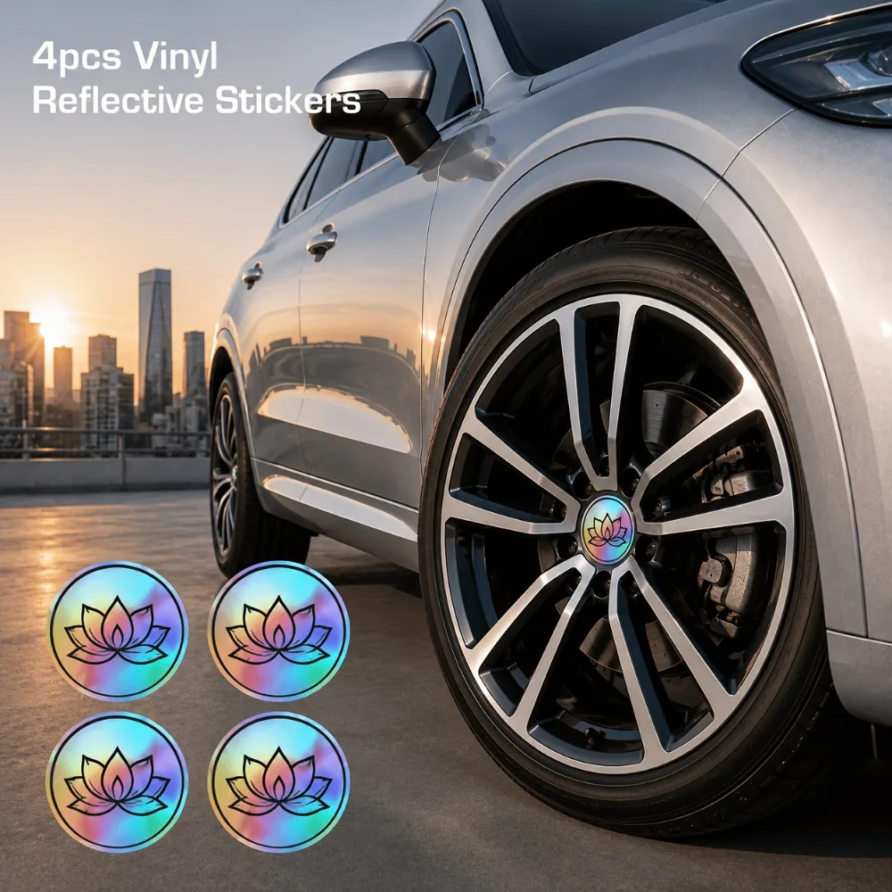 4Pcs Holographic Rainbow Lotus Wheel Hub Cap Stickers, Round Iridescent Gradient Sacred Lotus Reflective Vinyl Decals