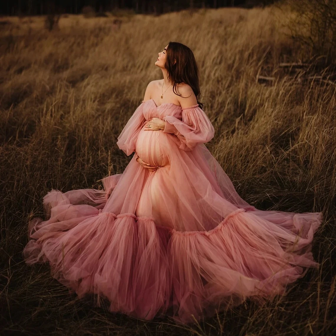 

African Pink Sweetheart Pregnant Women Photo Shoot Robes Tulle Tiered Maternity Robe Women Dress Baby Shower Gowns Photography