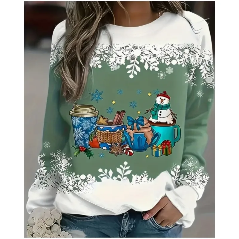 New women's Christmas tree printed hoodie with long sleeves and round neck pullover, casual and elegant style hoodie for women