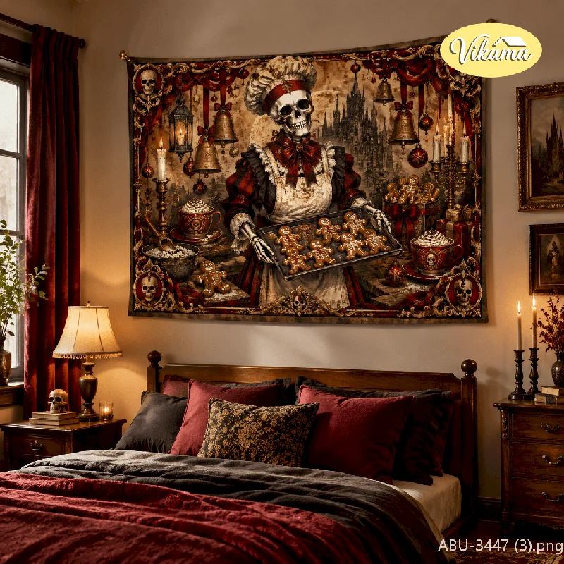 VIKAMA Gothic Tapestry Wall Hanging Victorian Skull Lady Lace Bow Bell Candle Dark Academia Spooky Bedroom Decor