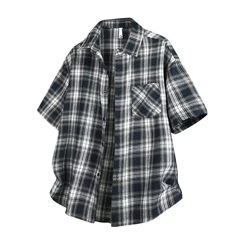 

Summer new college style shirt men's short sleeved trendy base for teenagers sunscreen checkered shirt trendy casual