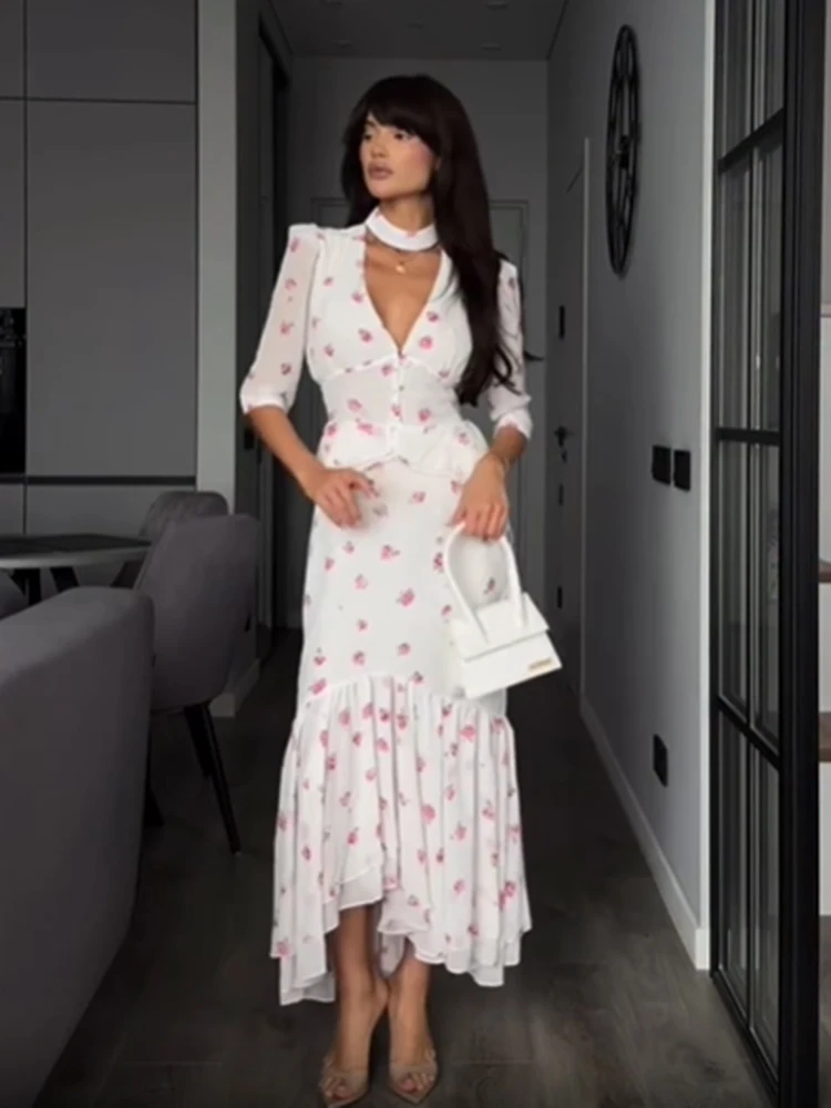 white midi dress with pink flowers MEADOWA Cream White Floral Corset Midi Dress