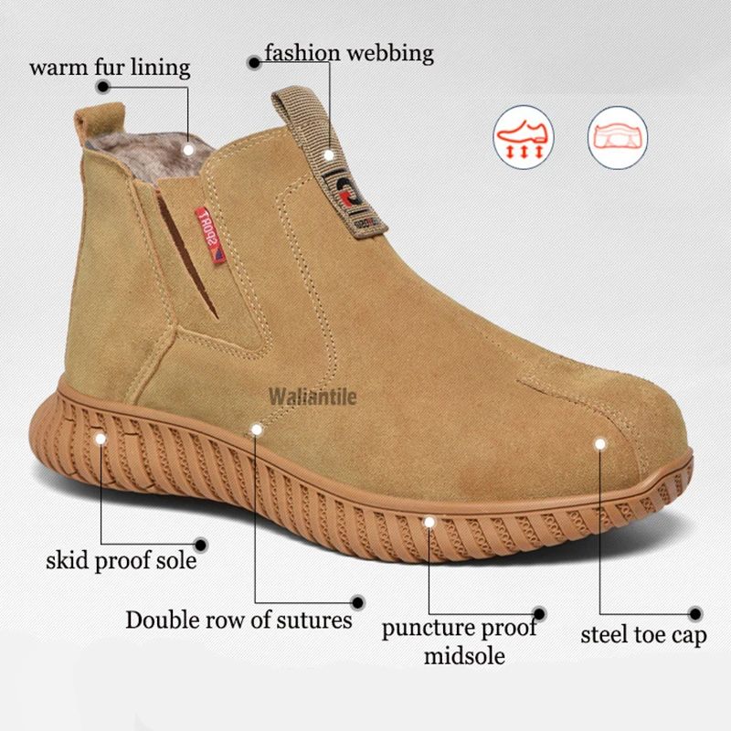 Waliantile Winter Warm Fur Lining Safety Boots Men Women Anti-smashing Indestructible Work Shoes Wear-resistant Steel Toe Boots