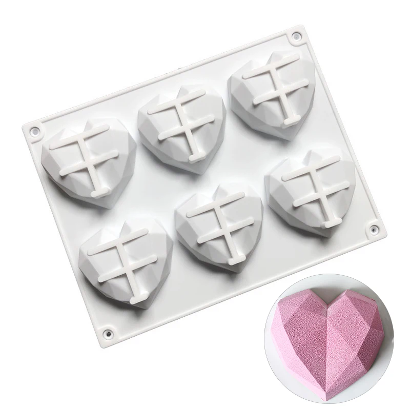 6 Cavity Diamond Love Food Grade Silicone Cake Mould Silicone 3D Heart Shape DIY Dessert Cake Bakeware Mold Modelling Decor