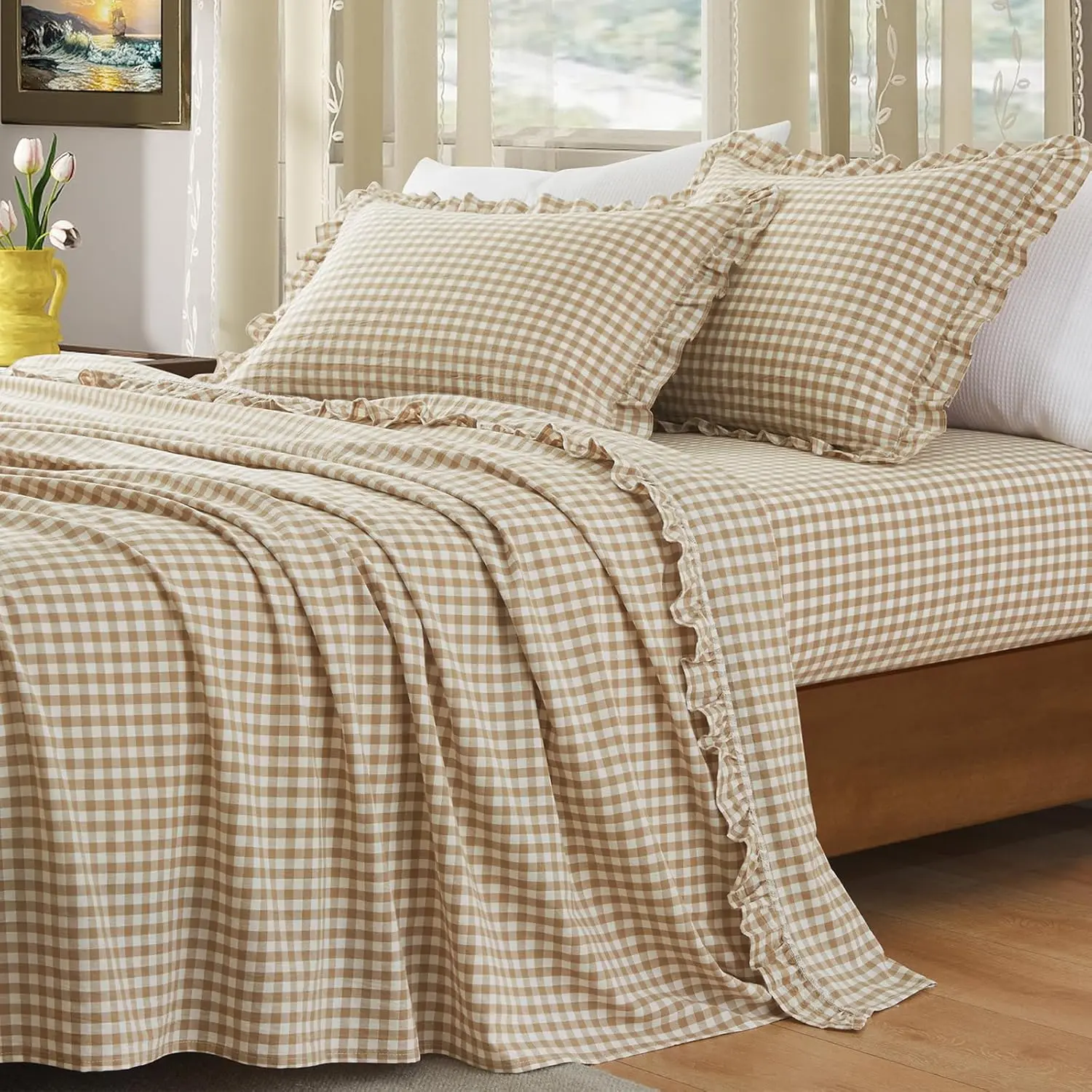 

King Size Ruffle Sheet Set with Plaid Pattern, Cotton Gingham Bed Sheets with 16" Deep Pocket for Comfortable Sleep, Taupe