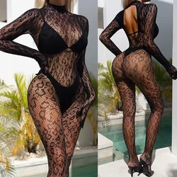 One-piece Sexy Women's Lingerie Leopard Print Mesh Erotic Perspective Gauze Deep V Open Back Jumpsuit Underwear Pajamas Bodysuit