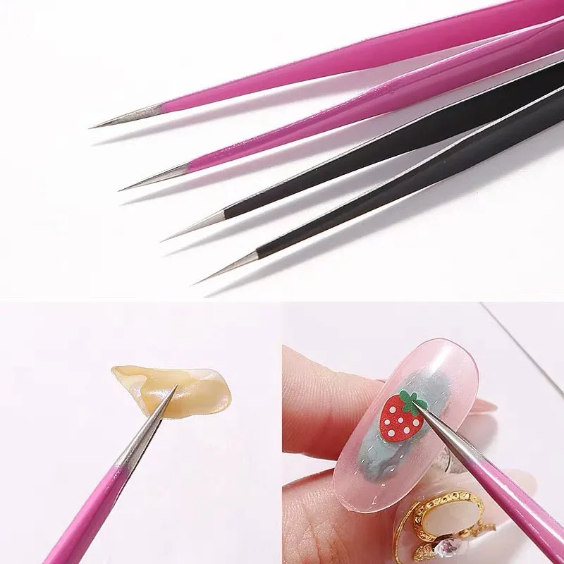 Multifunctional Nail Art Tweezers Set with Silicone Press Tool, Anti-Static Sticker Embossing and Diamond Pickup Tweezers