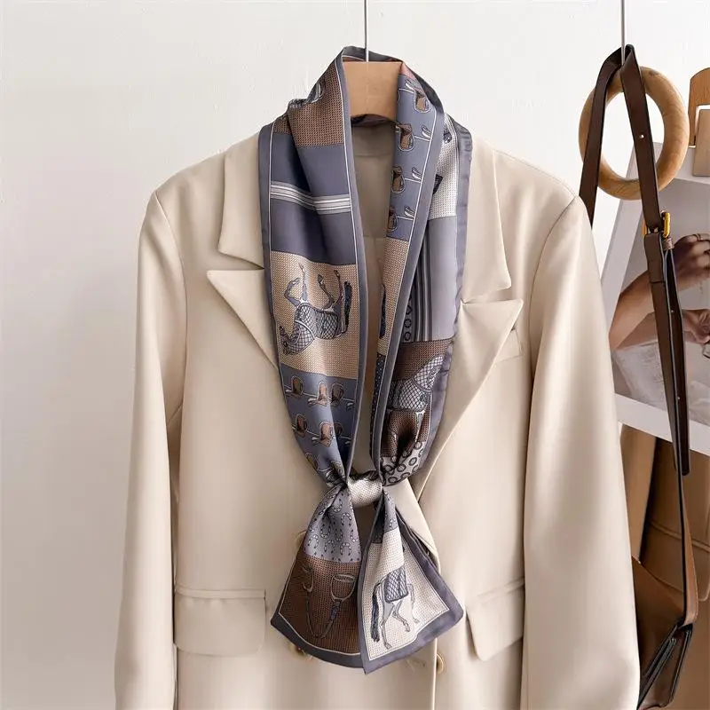 

Women Silk Feel Printed Design Scarf Shawl Fashion Luxury Long Narrow Small Silk Scarves Ladies Headband Headscarve