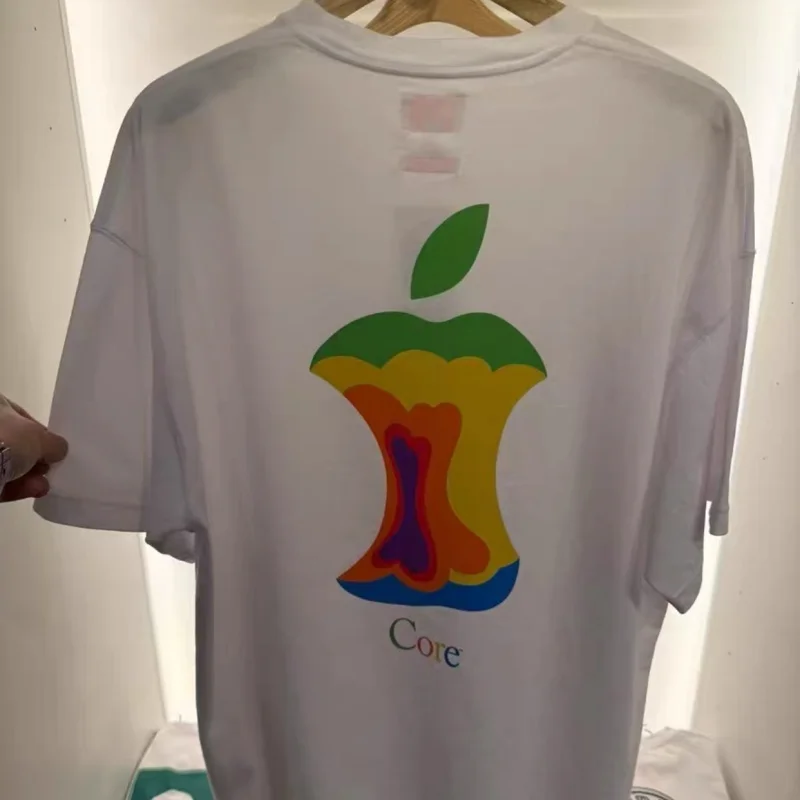 High Quality Breathable Cotton Beams Tshirts Rainbow Colored Letter Logo Bite Apple Print Round Neck Short Sleeve Men Women Tee