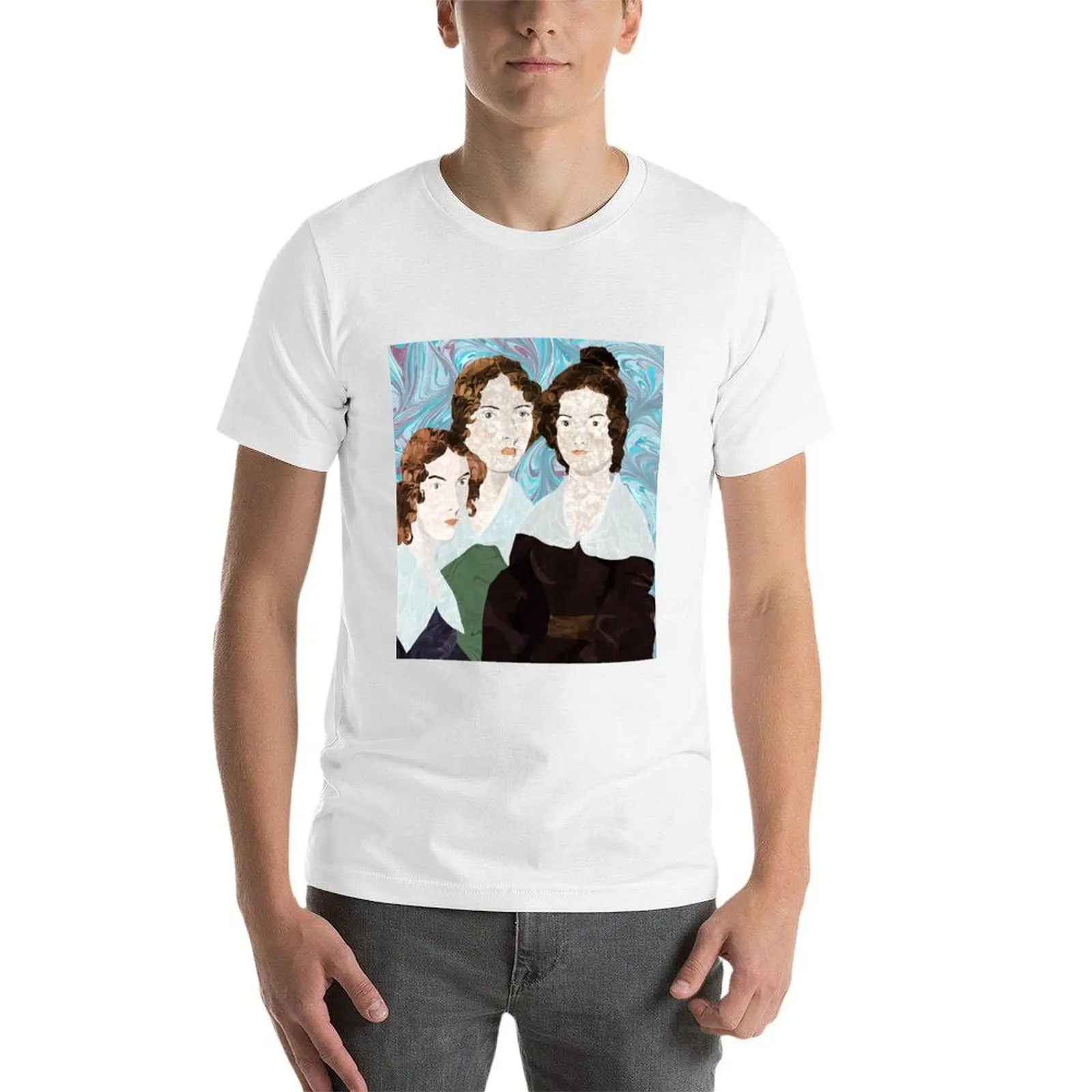 تي شيرت Bronte Sisters in Marbled Bookbinding Paper تي شيرت قصير الأكمام مخصص للرجال #3