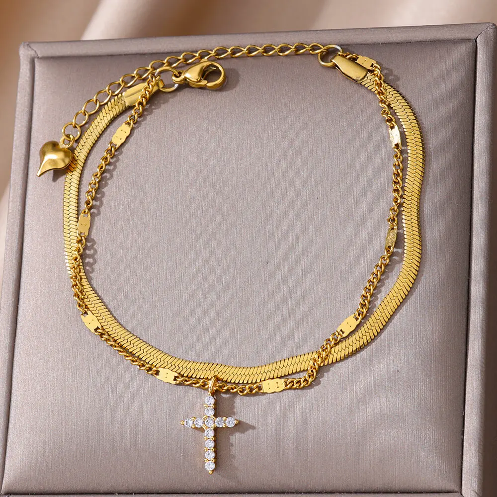 Zircon Cross Anklets for Women, Double Chain Design