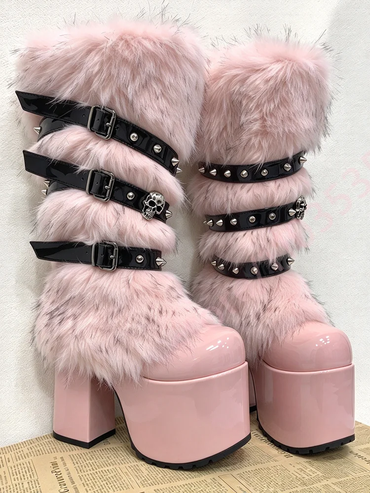 Women Gothic Furry Knee High Boots Skull Rivet Buckle Strap Patent Leather Platform Block Heel Punk Halloween Party Long Boots