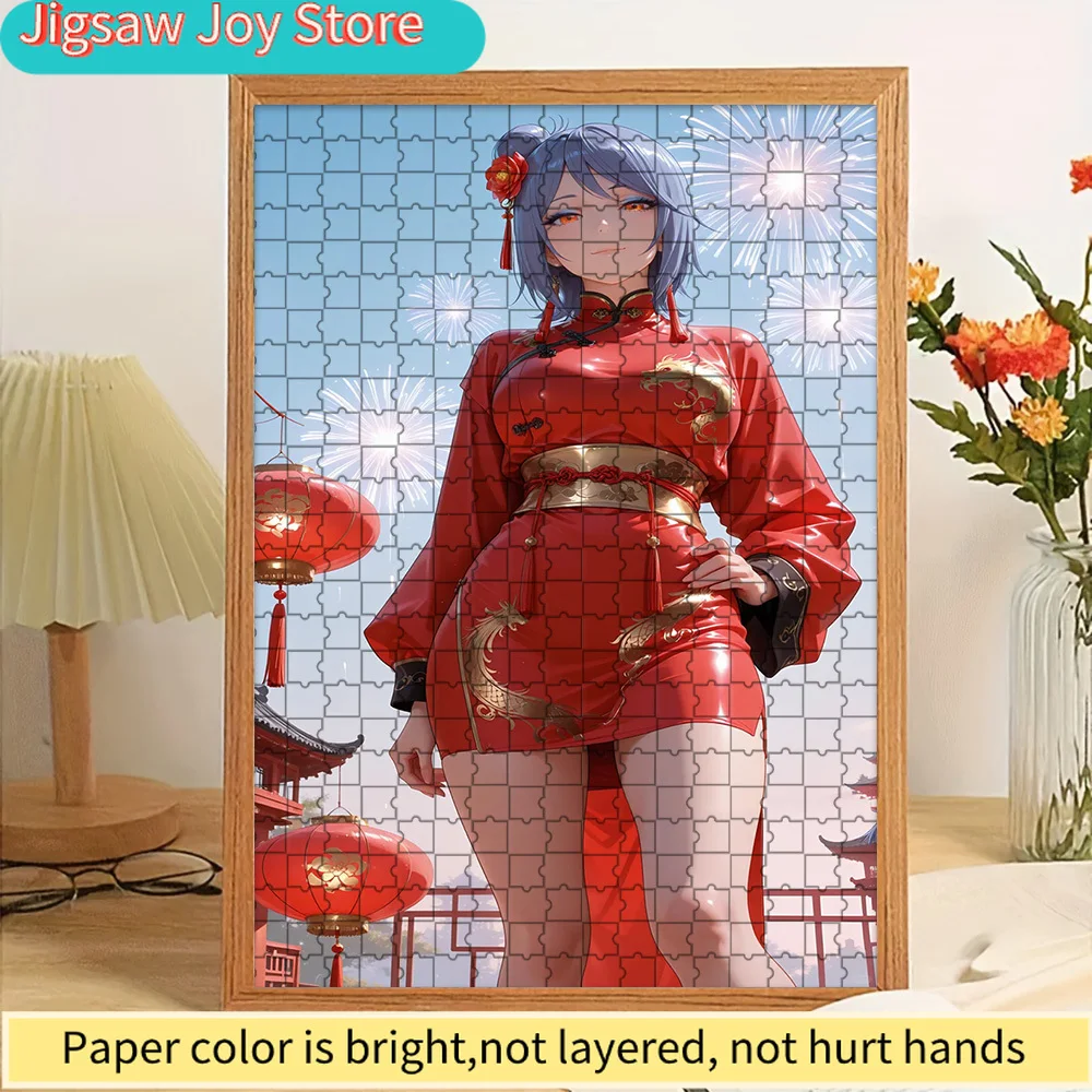 

Konan Paper Puzzle, Stunning Naruto Anime Character Art in Traditional Red Qipao with Gold Dragon Embroidery, Festive Chinese Ne