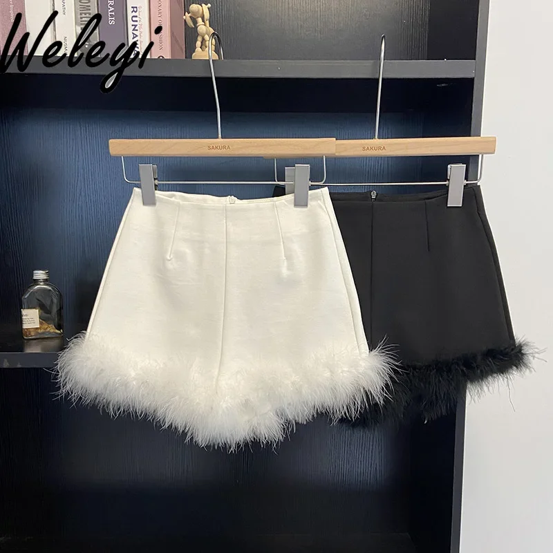 

Office Ladies INS Furry Spliced White Short Culottes 2025 Spring New Elegant Solid Color Versatile High Waisted Shorts for Women