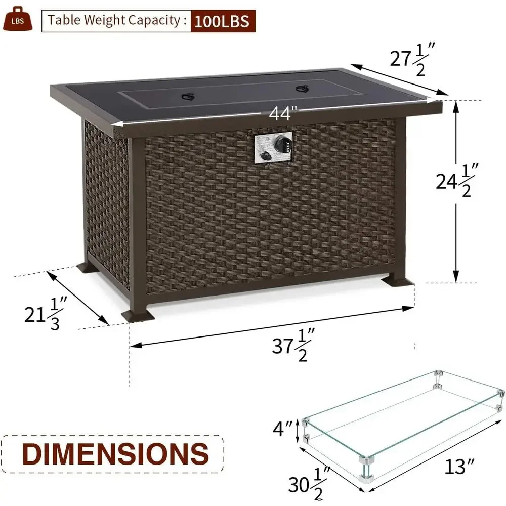 44 Outdoor Propane Fire Pit Table with 50,000 BTU Auto Ignition, Glass Wind Guard, Black Tempered Glass Top & Blue Glass Rocks,