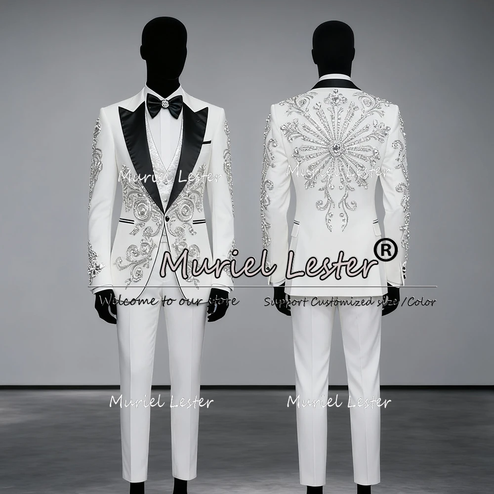 

Brilliant Beaded Stones Suits Men For Wedding 2 Pieces Prom Blazers Pants Customized Groom Formal Business Party Tuxedos Skinny