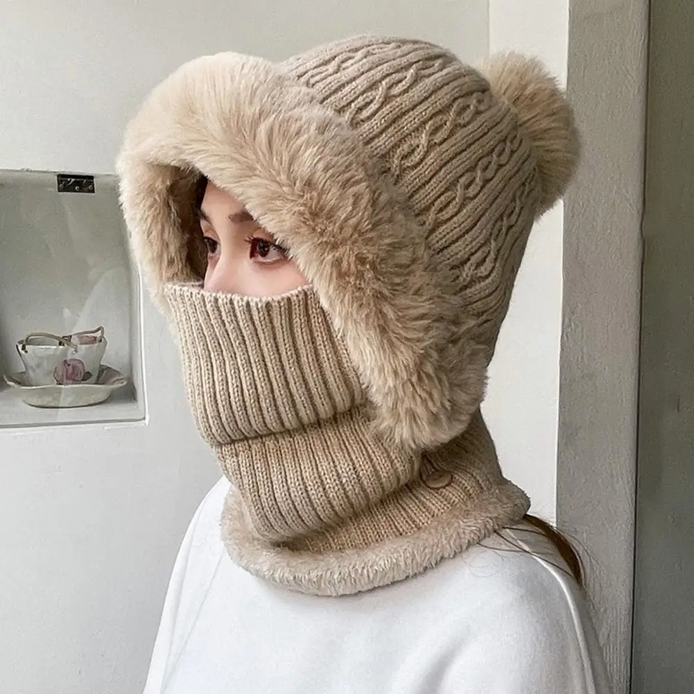 

Women Knitted Hat Pompom Plush Ears Protection Autumn Winter Women Neck Gaiter Warmer Beanie Cap Winter Cap Mask Set