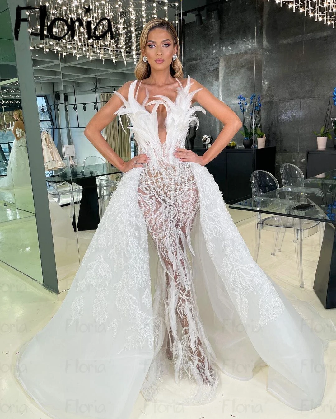 Floria-vestidos de novia de sirena de plumas de marfil para mujer, vestidos de novia de lujo, tren desmontable, vestidos formales de graduación para boda, 2024