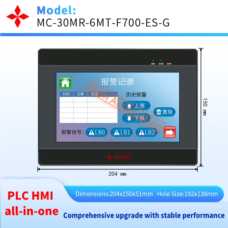 7 Inch HMI PLC All In One EC2-30MR, 16 Input 14 Output, 6AD 2DA, 2NTC10K -50-150°C With 1RS485