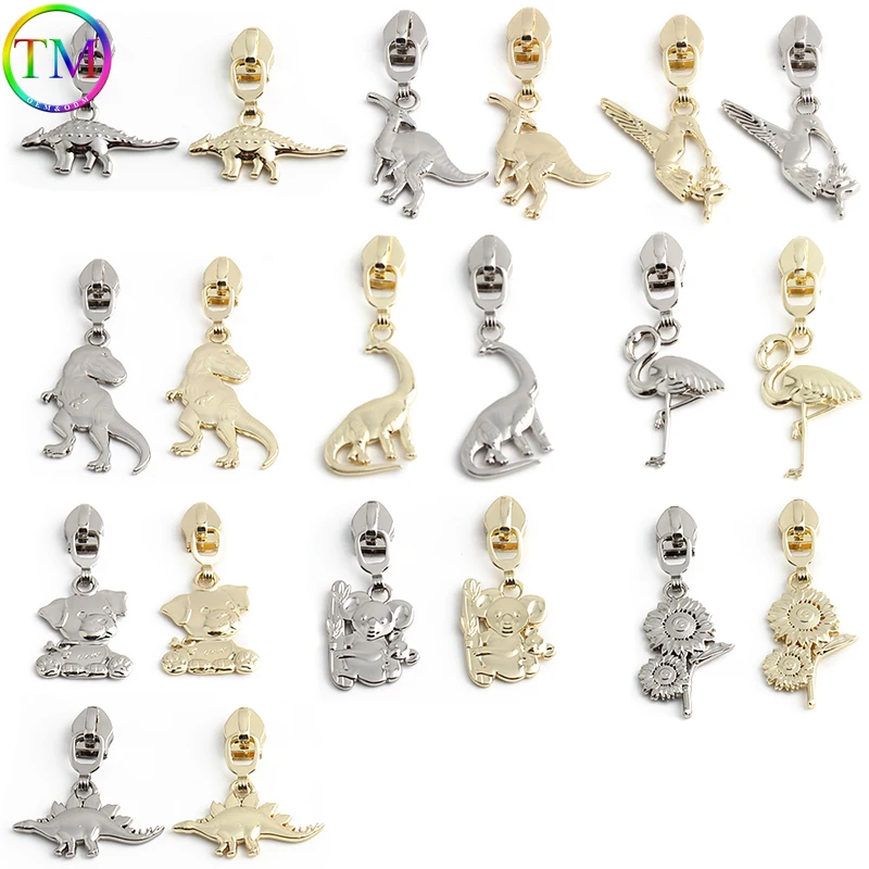 10-50-100PCS Two Sides 5# Nylon T-rex,Koala Shape Metal Zipper Sliders For Clothing Bags Purse Zip Head DIY Sewing Accessories