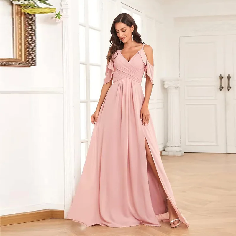 A Line Chiffon Slit Elegant Spaghetti Straps Pleat Ruffle Bridesmaid Dresses Evening Wedding Party Formal Prom Cocktail Lace Up