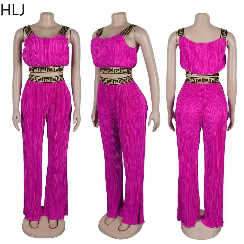 HLJ Fashion Print Patchwork Wide Leg Pants Two Piece Sets Women Ruched Sleeveless Strap Crop Top And Pants Outfits Streetwear