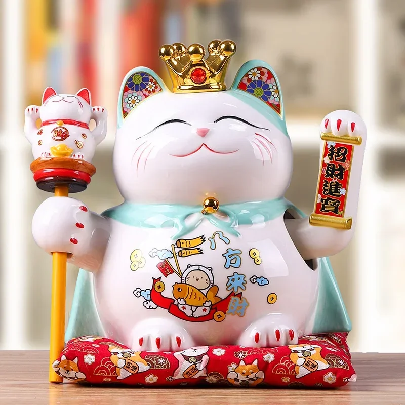 

9,5-дюймовый керамический орнамент Beckoning Cat Maneki Neko, украшение фэн-шуй, качели Lucky Fortune Cat на батарейках, бизнес-подарок