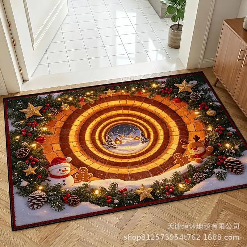 VIKAMA Circular Tunnel Snowman Gingerbread Rug for Entryway, Stain Resistant Durable Xmas Floor Mat Home Decor
