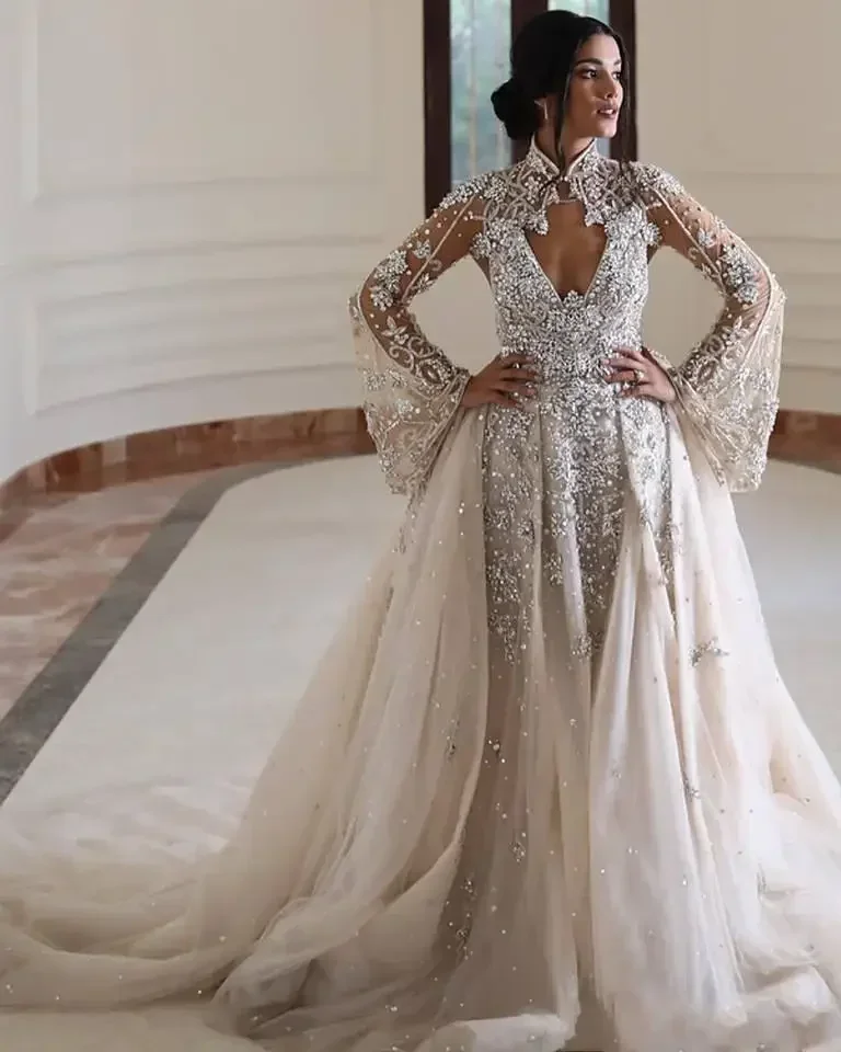 Customized New Designer Top Quality A-Line Wedding Dresses With Detachable Train Crystals Beads High Neck Open Back Bridal Gowns