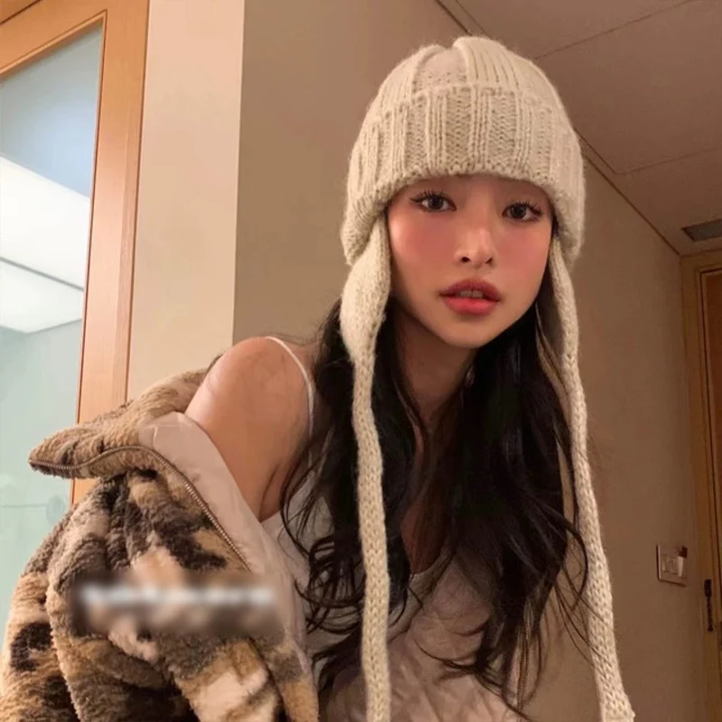 2023 Korea Ins Long Tied Rope Beanies Hat with Earflaps Japanese Outdoor Warm Winter Hat for Women Streetwear Party Funny Hat