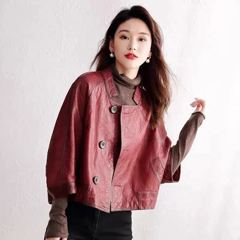 Spring Autumn New PU Leather Short Jacket Windbreaker Women Fashion Vintage Wine Red Leather Coat Loose Jackets Female Outwear